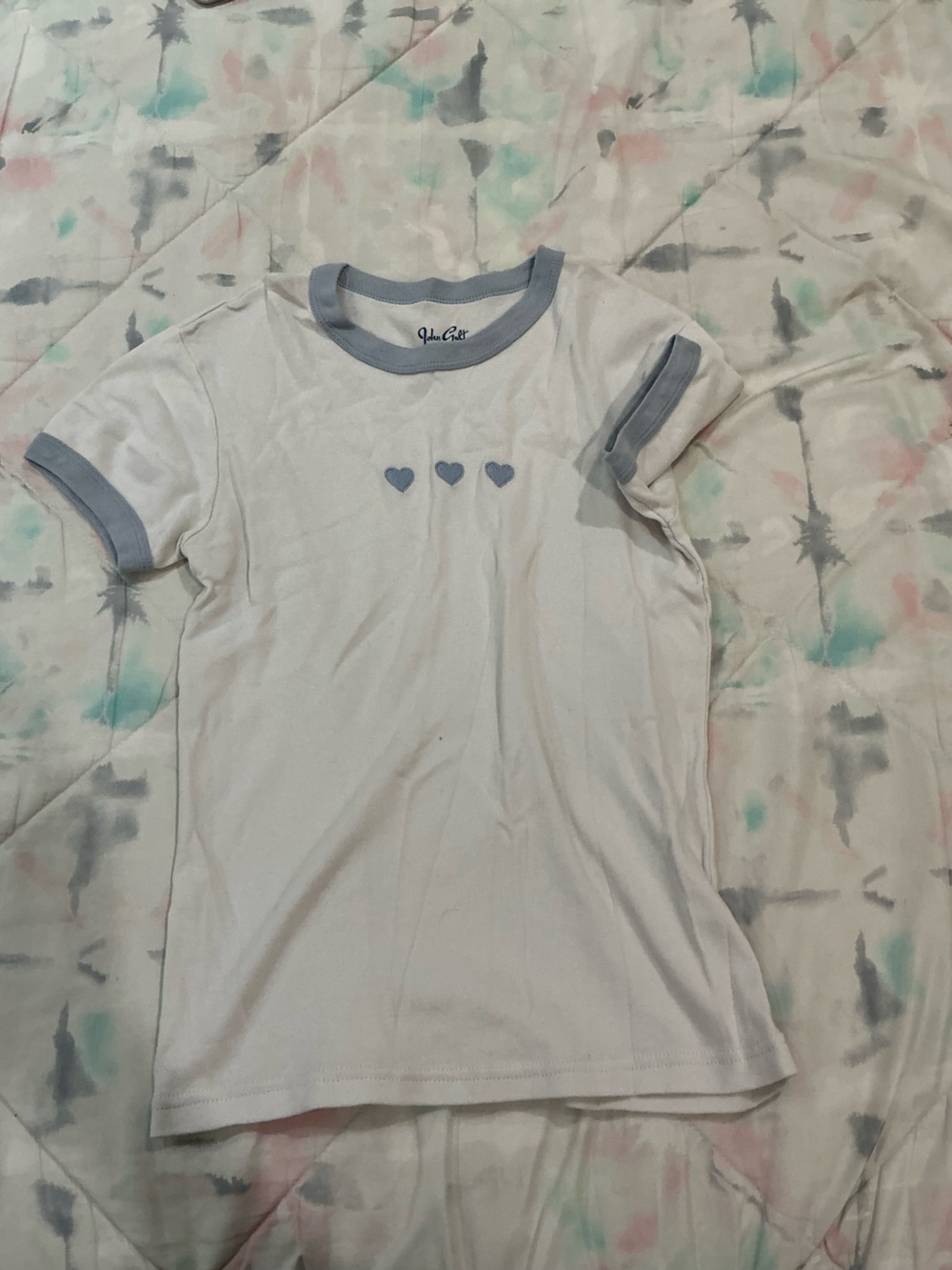 Brandy Melville White Tee with Light Blue Trim and Heart Details
